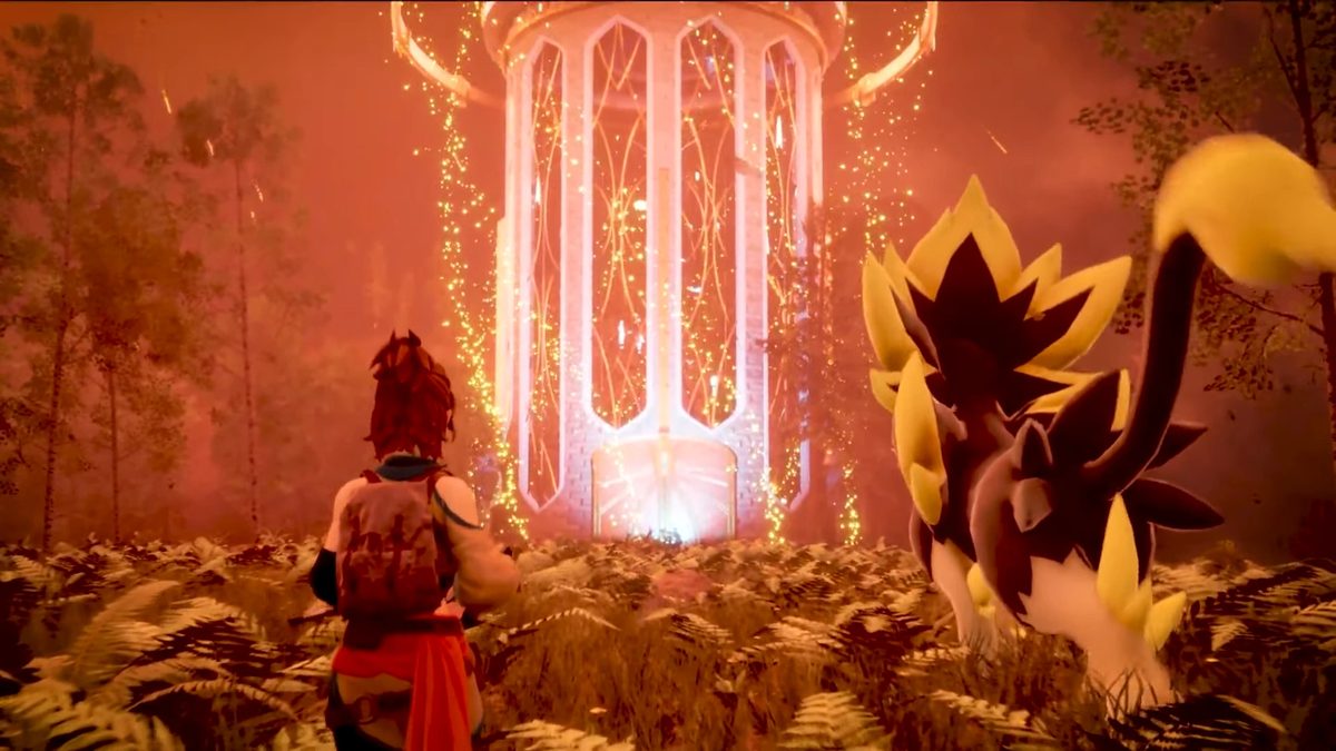In-game screenshot — character facing a luminous Pal shrine